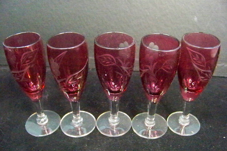 Cordial Glasses SET OF FIVE 5 Burgundy Ruby Red Bowl Etsy