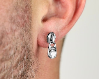 Men's Earring - Zipper CZ Earring - Stainless Steel Earrings for Men - Modern Out