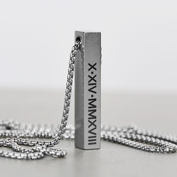 Roman Numerals Bar Necklace - Men's Necklace - Customized Bar Pendant - Names and Initials  - Men's Personalized Jewelry by Modern Out