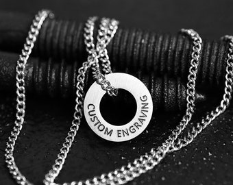 Engraved Circle Necklace - Men's Necklace - 22mm Matte Washer Necklace - Stainless Washer Necklace - Personalized Necklace by Modern Out