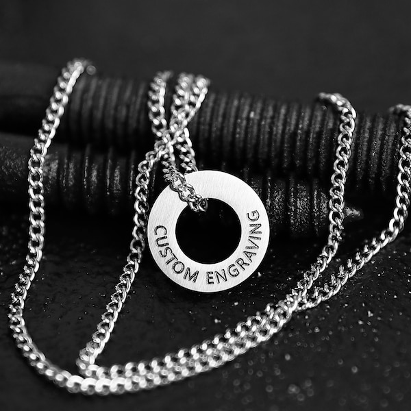 Engraved Circle Necklace - Men's Necklace - 22mm Matte Washer Necklace - Stainless Washer Necklace - Personalized Necklace by Modern Out