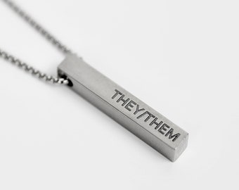 Pronoun Necklace - Bar Necklace - Customized Steel Bar Pendant - They/them he/him she/her - Non-binary Jewelry - Necklace by Modern Out