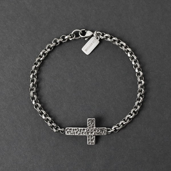 Antique Silver Cross Rolo Bracelet - Men's Bracelet - Stainless Steel Bracelet - CLEARANCE Final Sale