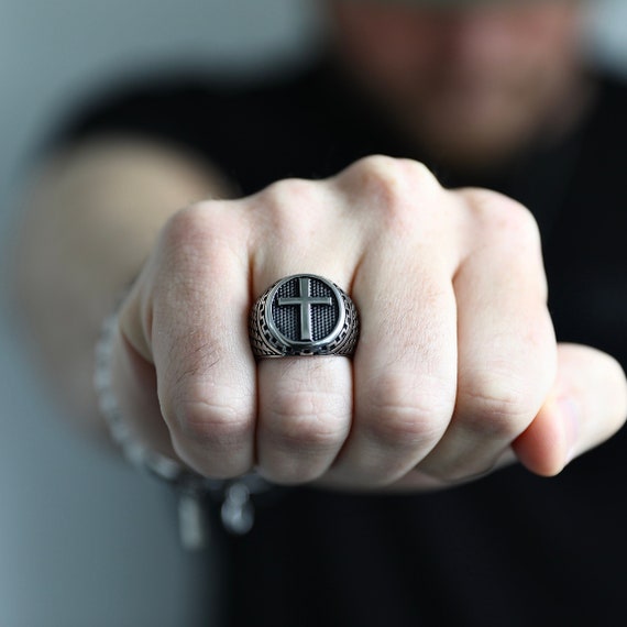 Mens ring on sale with a cross