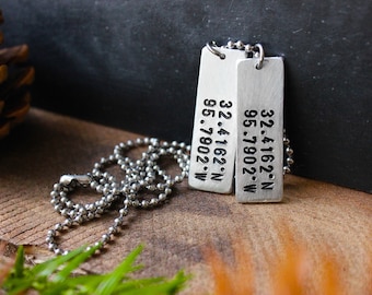 Coordinates Dog Tags - Slim Dog Tag Necklace - Gifts For Him - Unisex - Personalized Dog Tag - Longitude Latitude Jewelry By Modern Out