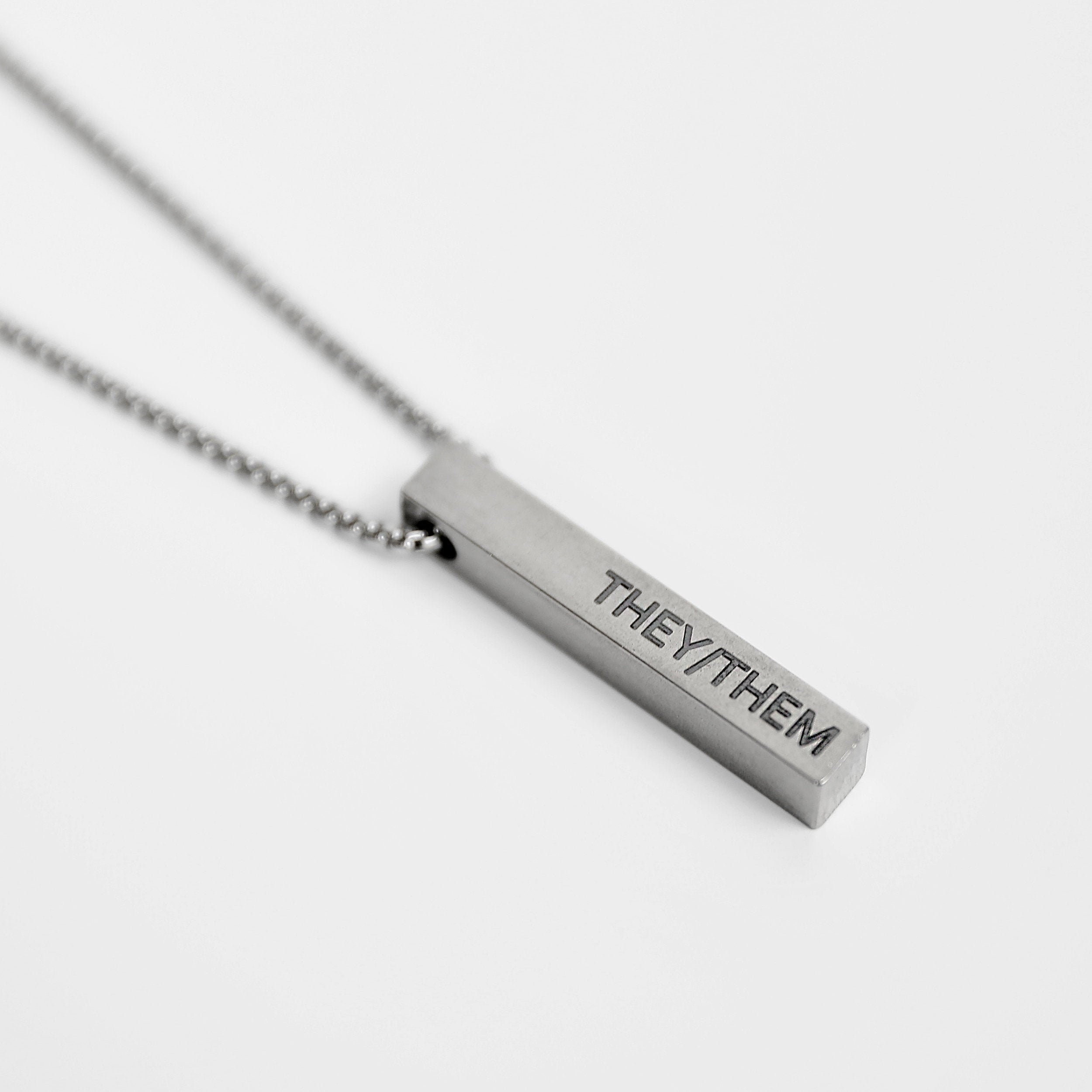 Pronoun Necklace - Bar Necklace - Customized Steel Bar Pendant - They/them he/him she/her - Non-binary Jewelry - Necklace by Modern Out