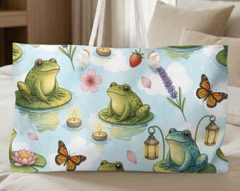 Whimsical Frog Pond Weekender Bag for Cottagecore Travel | Cute Fantasy Frog & Lily Pad Duffel Bag | Nature Lover Gift
