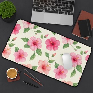Watercolor Pink Hibiscus Seamless Pattern, Tropical Floral Desk Mat, Summer Botanical Design