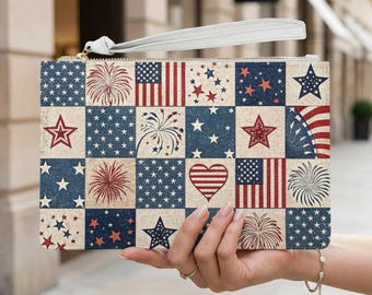 Patriotic Americana Clutch Bag, Vintage Stars Stripes Heart Accessory