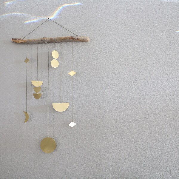 Lunar Brass Wall Hanging, Moon Sky Scape Under Driftwood, Interior Decor, Geometric, Antique Chain, Metal, Modern Art, Eclectic, Gold