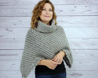 Grey Crochet Poncho, Winter Cowlneck Sweater, Gift For Mom, Knit Style Pullover, Vintage Turtleneck Coat, Gray Fall Crochet Clothing