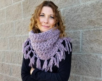 Lilac Chunky Wool Cowl, Crochet Infinity Scarf, Purple Knit Neck Warmer, Winter Scarves For Women, Textured Boho Cowl, Hand Crochet Cowl