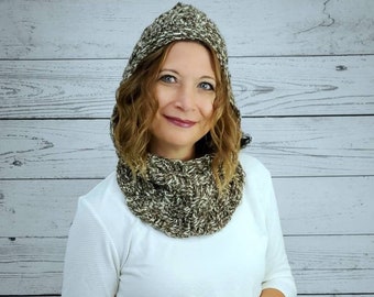 Brown Crochet Hooded Cowl, Crochet Infinity Scarf With Hood, Knit Neck Warmer, Winter Scarf, Scarves For Women, Unisex Winter Accessories