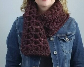 Burgundy Chunky Wool Cowl, Crochet Infinity Scarf, Oversize Crochet Neck Warmer With Buttons, Textured Boho Cowl, Thick Winter Scarf Women