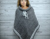 Grey Cowl Neck Crochet Poncho, Knit Style Poncho For Women, Cable Knit Winter Poncho, Handmade Chunky Knit Poncho Sweater, Crochet Clothes