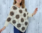 Cozy Crochet Poncho For Women With Sleeves, Modern Crochet Granny Square Poncho Sweater, Soft Winter Chunky Knit Sweater, Sweaters For Women
