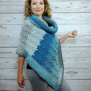 Blue Crochet Poncho For Women, Cowl Neck Poncho Sweater, Cozy Winter Poncho, Chunky Knit Poncho, Cable Knit Soft Poncho, Loose Fit Sweater image 7