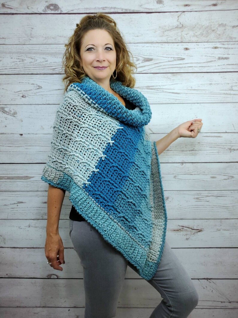 Blue Crochet Poncho For Women, Cowl Neck Poncho Sweater, Cozy Winter Poncho, Chunky Knit Poncho, Cable Knit Soft Poncho, Loose Fit Sweater image 7