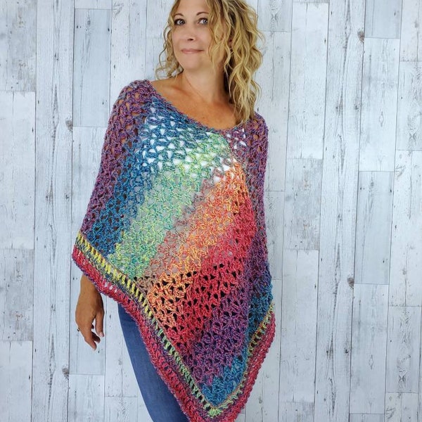 Bright Multicolor Lace Shawl or Coverup, Light Crochet Poncho For Evening or Casual, Ladies Hand Crocheted Shawl, Pretty Shawls and Wraps