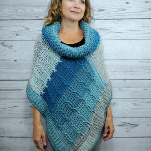 Blue Crochet Poncho For Women, Cowl Neck Poncho Sweater, Cozy Winter Poncho, Chunky Knit Poncho, Cable Knit Soft Poncho, Loose Fit Sweater image 4