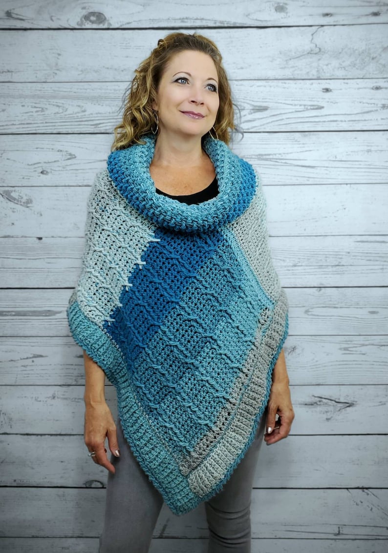 Blue Crochet Poncho For Women, Cowl Neck Poncho Sweater, Cozy Winter Poncho, Chunky Knit Poncho, Cable Knit Soft Poncho, Loose Fit Sweater image 4