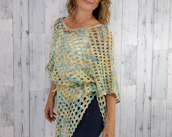Light Organic Wool Crochet Poncho For Women/ Pastel Colors Crochet Shawl/ Pretty Hippie Poncho/ Ladies Soft Knit Poncho/ Women's Lacey Wrap
