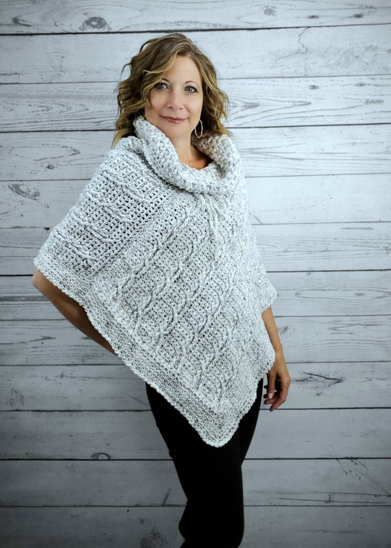 White Cowl Neck Crochet Poncho Women Cable Knit Poncho 