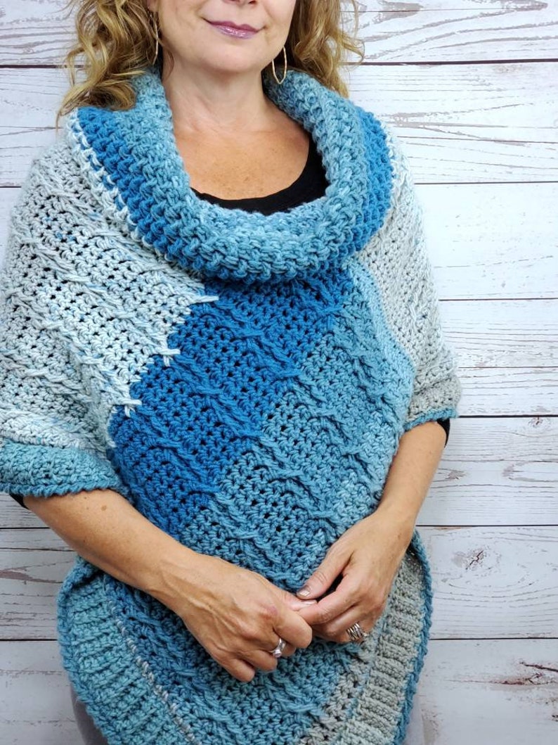 Blue Crochet Poncho For Women, Cowl Neck Poncho Sweater, Cozy Winter Poncho, Chunky Knit Poncho, Cable Knit Soft Poncho, Loose Fit Sweater image 9