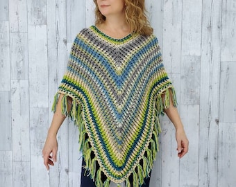 Pretty Soft Poncho in Blues and Greens, Granny Chic Crochet Poncho Women, Cool Hippie Poncho With Fringe, Warm Merino Wool Cable Knit Poncho