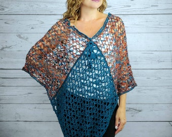 Red and Aqua Marine Blue Crochet Shawl, Pretty Lace Shawl, Crochet Poncho Women, Light Knit Poncho, Women's Elegant Shawl, Crochet Cover Up