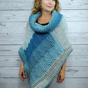 Blue Crochet Poncho For Women, Cowl Neck Poncho Sweater, Cozy Winter Poncho, Chunky Knit Poncho, Cable Knit Soft Poncho, Loose Fit Sweater image 1