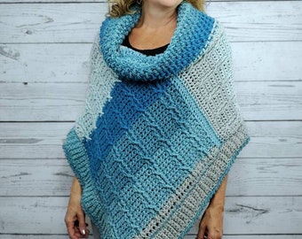 Blue Crochet Poncho For Women, Cowl Neck Poncho Sweater, Cozy Winter Poncho, Chunky Knit Poncho, Cable Knit Soft Poncho, Loose Fit Sweater