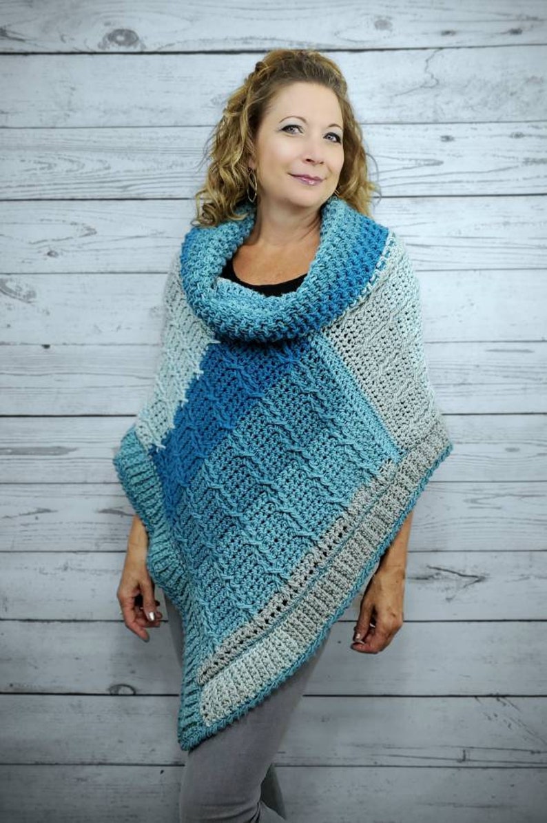 Blue Crochet Poncho For Women, Cowl Neck Poncho Sweater, Cozy Winter Poncho, Chunky Knit Poncho, Cable Knit Soft Poncho, Loose Fit Sweater image 1