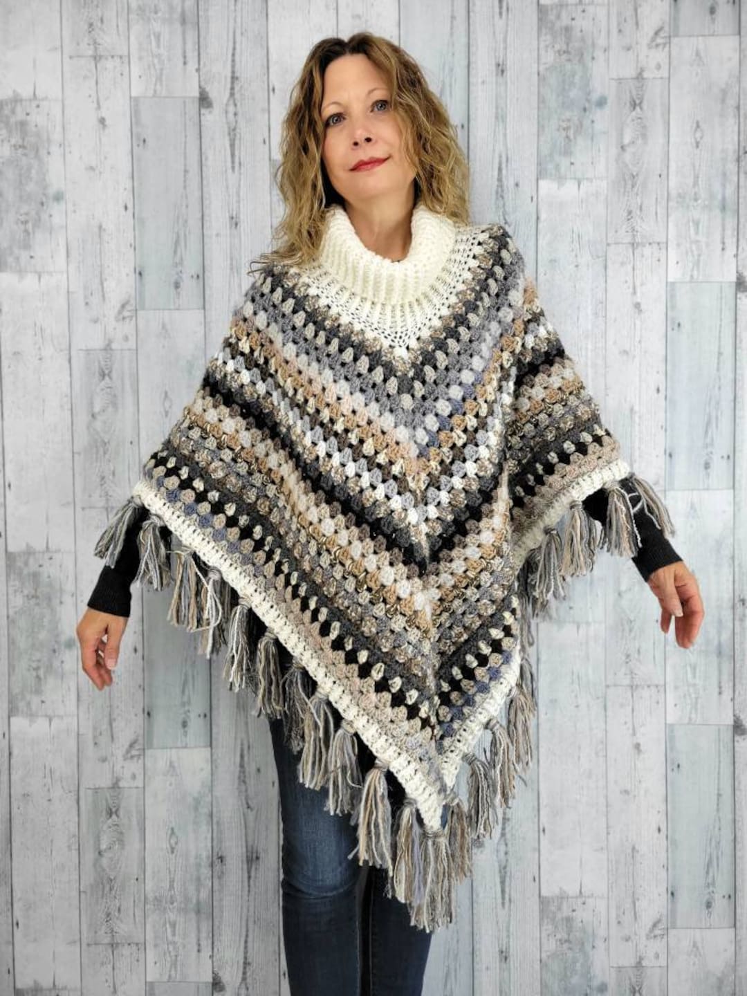 Grey, Brown & White Crochet Poncho With Fringe/ Cowl Neck