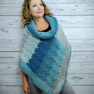 Blue Crochet Poncho For Women, Cowl Neck Poncho Sweater, Cozy Winter Poncho, Chunky Knit Poncho, Cable Knit Soft Poncho, Loose Fit Sweater image 8