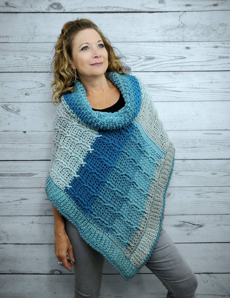 Blue Crochet Poncho For Women, Cowl Neck Poncho Sweater, Cozy Winter Poncho, Chunky Knit Poncho, Cable Knit Soft Poncho, Loose Fit Sweater image 8