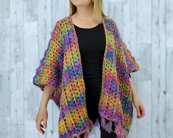 Women's Rainbow Colors Angora Sweater/ Ruana Crochet Poncho For Women/ Chunky Cable Knit Cardigan/ Warm Wool Kimono Cardigan With Fringe