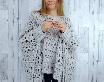 Extra Wide Chunky Grey Crochet Poncho With Sleeves/ Women's Sleeved Poncho/ Modern Sweater Poncho With Tassels/ Pullover Acrylic Knit Top