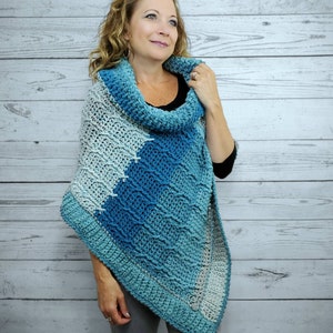 Blue Crochet Poncho For Women, Cowl Neck Poncho Sweater, Cozy Winter Poncho, Chunky Knit Poncho, Cable Knit Soft Poncho, Loose Fit Sweater image 3