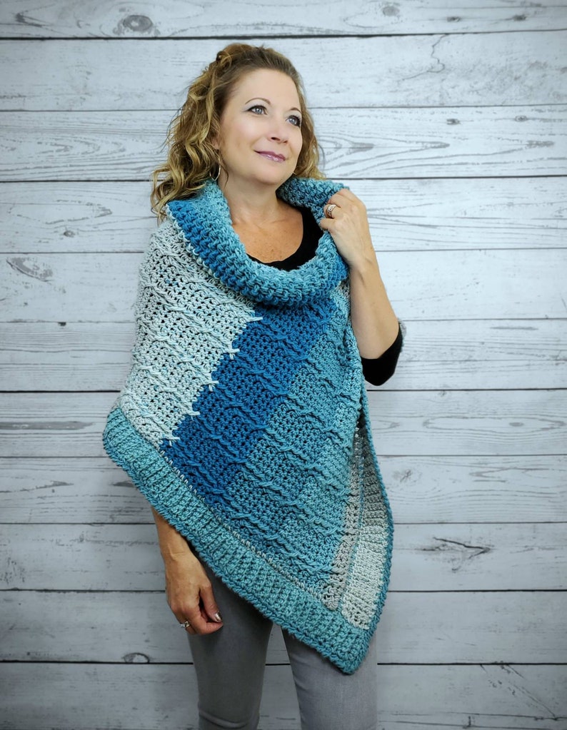 Blue Crochet Poncho For Women, Cowl Neck Poncho Sweater, Cozy Winter Poncho, Chunky Knit Poncho, Cable Knit Soft Poncho, Loose Fit Sweater image 3