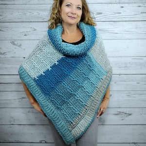 Blue Crochet Poncho For Women, Cowl Neck Poncho Sweater, Cozy Winter Poncho, Chunky Knit Poncho, Cable Knit Soft Poncho, Loose Fit Sweater image 2