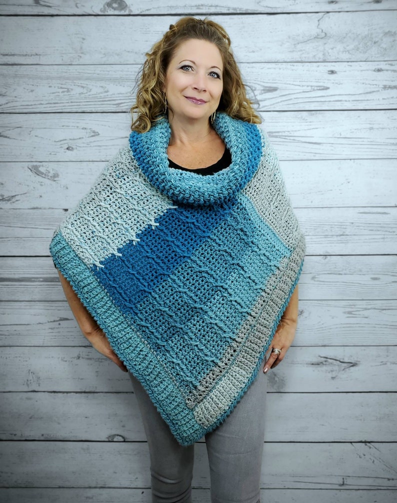 Blue Crochet Poncho For Women, Cowl Neck Poncho Sweater, Cozy Winter Poncho, Chunky Knit Poncho, Cable Knit Soft Poncho, Loose Fit Sweater image 2