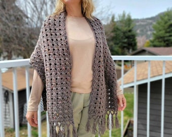 Tweedy Brown Crochet Wrap For Women/ Warm Cable Knit Acrylic Wrap With Fringe/ Handmade Chunky Knit Winter, Fall or Spring Poncho Cardigan