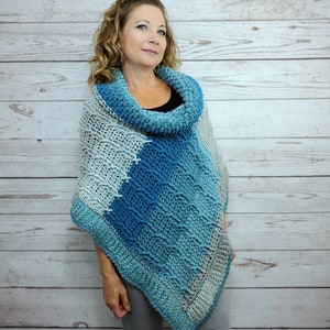 Blue Crochet Poncho For Women, Cowl Neck Poncho Sweater, Cozy Winter Poncho, Chunky Knit Poncho, Cable Knit Soft Poncho, Loose Fit Sweater image 5