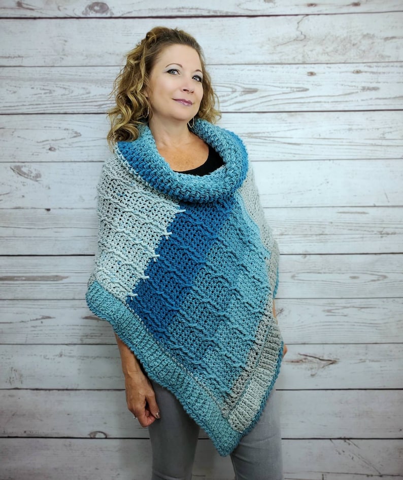 Blue Crochet Poncho For Women, Cowl Neck Poncho Sweater, Cozy Winter Poncho, Chunky Knit Poncho, Cable Knit Soft Poncho, Loose Fit Sweater image 5