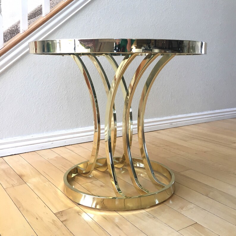 Brass Glass Side Table Vintage Hollywood Regency Round Image 0