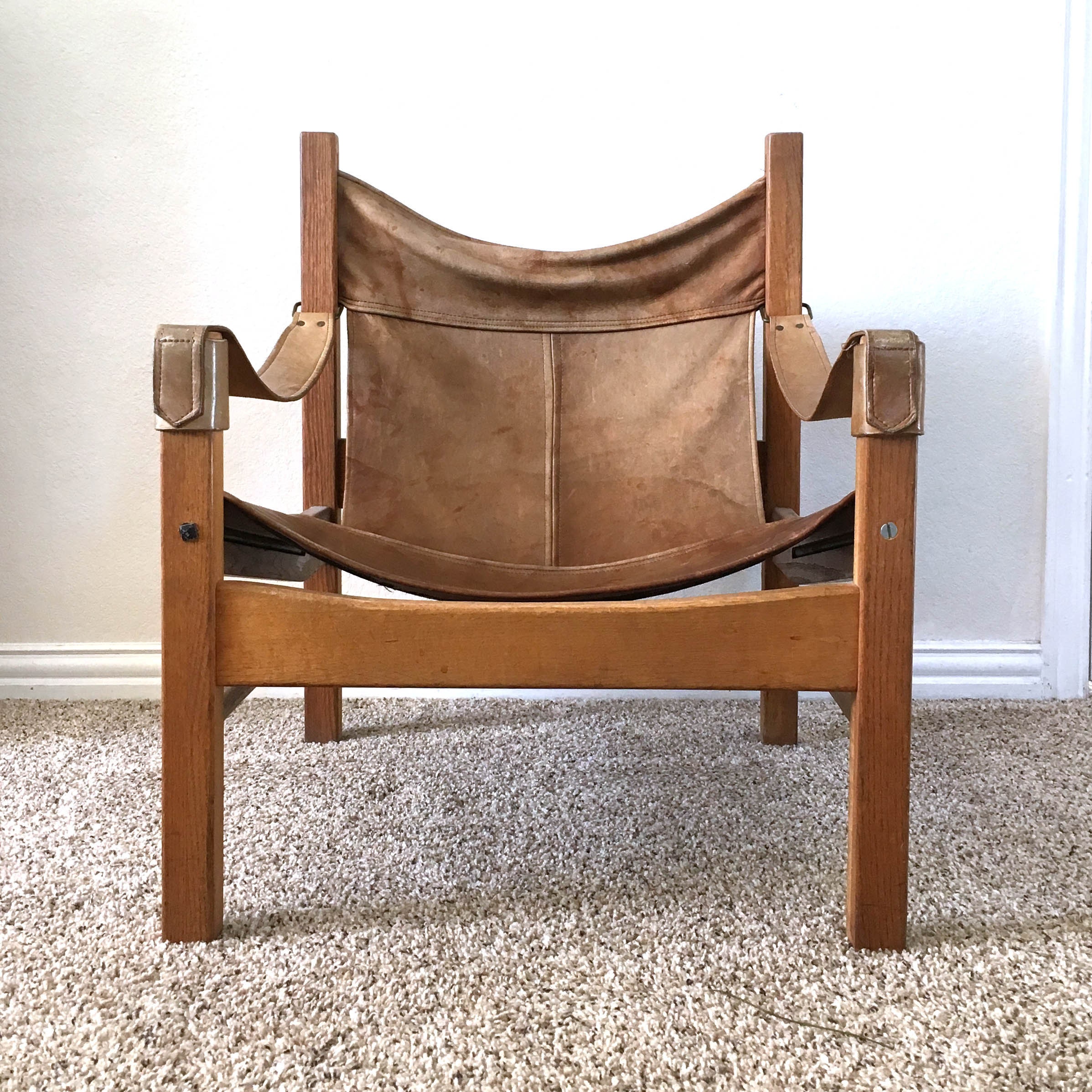 Mid Century Sling Chair Vintage Leather & Wood Safari Club Etsy