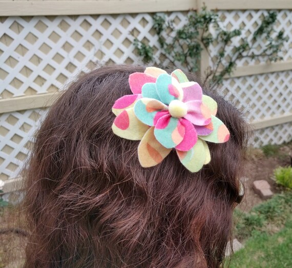 Patterned Felt Flower Hair Clip/hair Tie Happiness in Colors Etsy