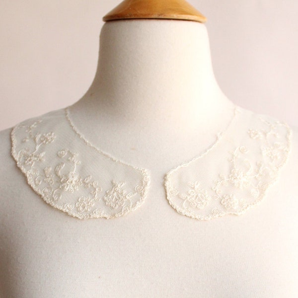 Vintage Ivory Lace Appliques, Pair of 9" Long Collar, embroidered netting