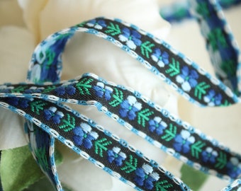 Vintage bordado cinta ribete floral azul negro y blanco 1/2", 2 yardas